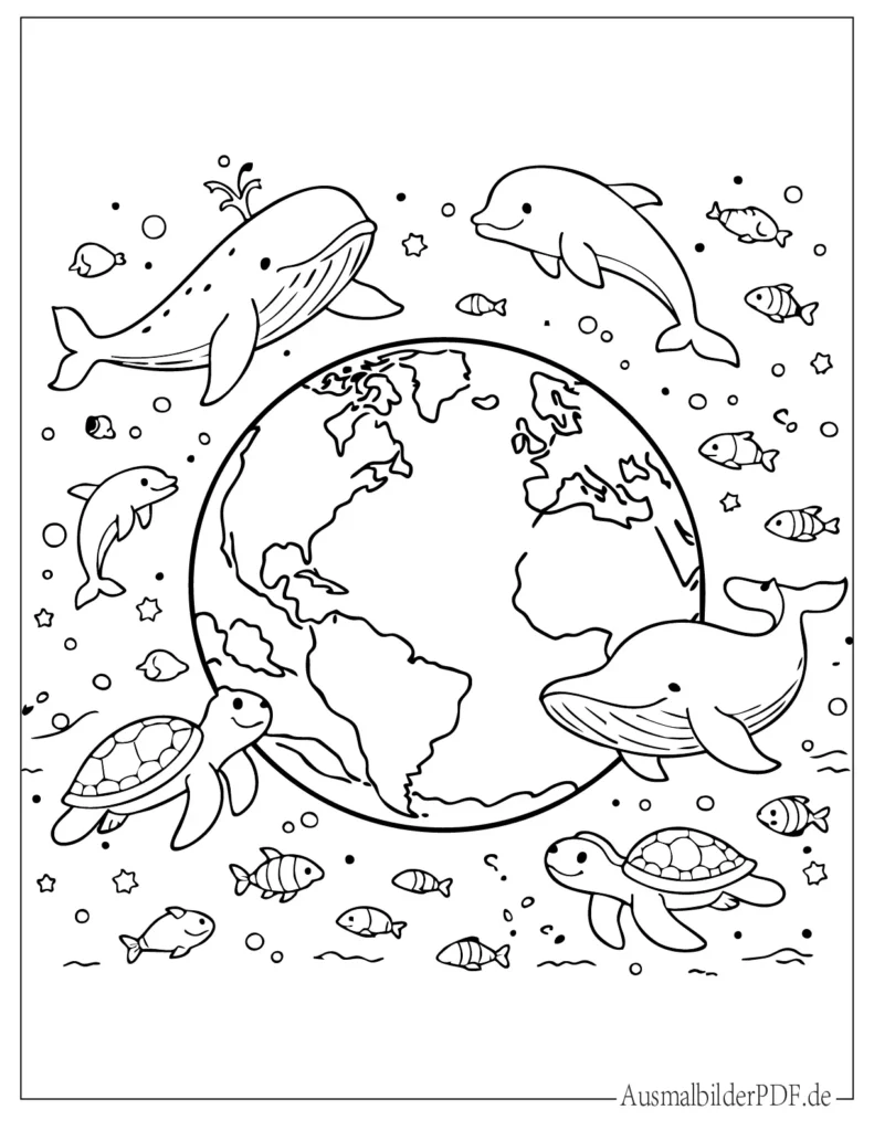 Lustiges Ausmalbild der Erde mit verschiedenen Meerestieren wie Fischen und Walen, kindgerechte Malvorlage zum Ausdrucken
