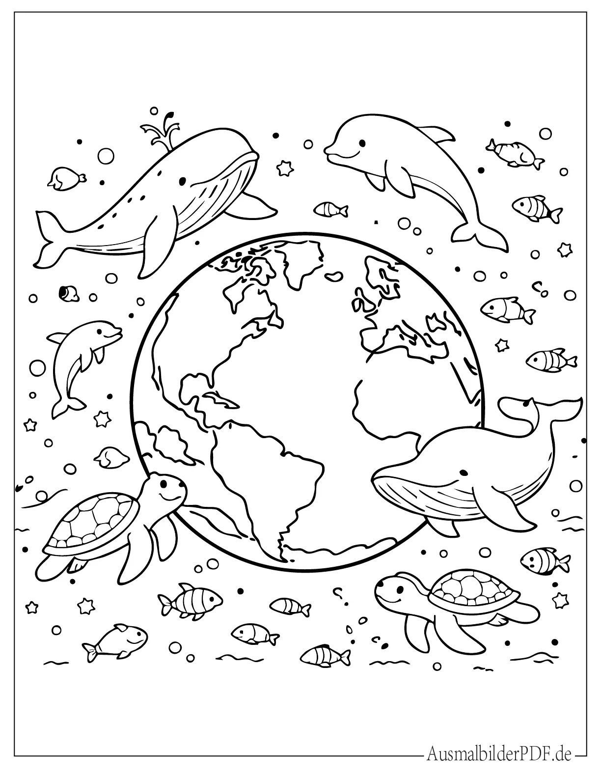 Erde mit Meerestieren Fischen, Schildkröte und Delfin zum Ausmalen