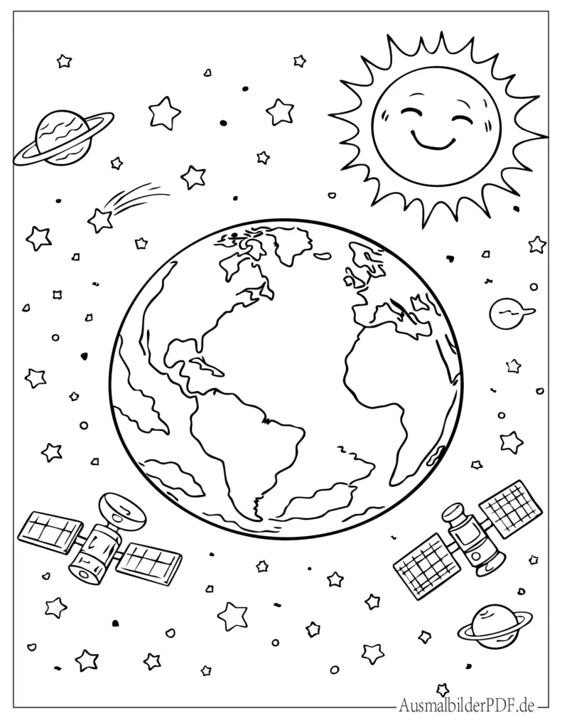 Erde schwebt im Weltraum mit Satelliten und funkelnden Sternen, kindgerechtes Ausmalbild zum Entdecken und Ausmalen