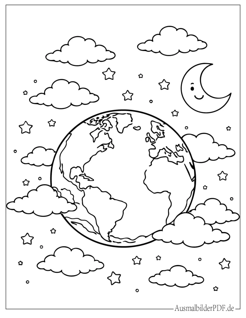 Süßes Ausmalbild der Erde mit Wolken und funkelnden Sternen im Weltraum, einfache Malvorlage zum Ausmalen für Kinder