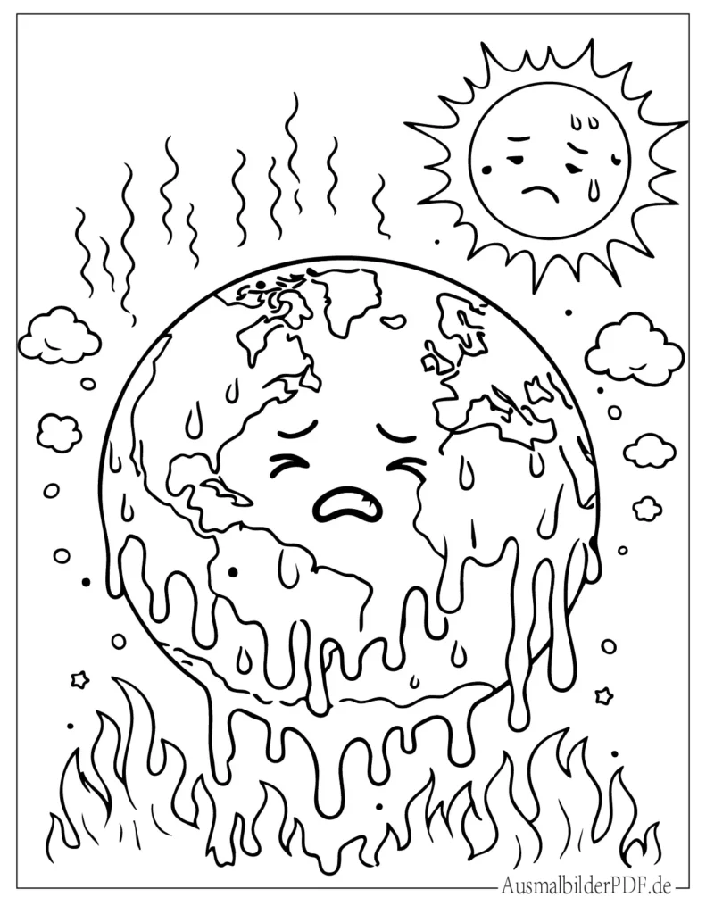 Ausmalbild der Erde, die durch steigende Temperaturen schmilzt, thematisches Malbild für Kinder zum Nachdenken über Umwelt