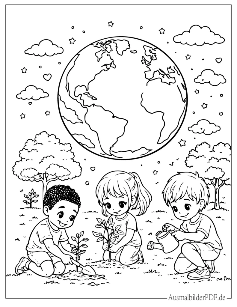 Kinder pflanzen kleine Bäume, während die Erde im Hintergrund lächelt, fröhliche Ausmalvorlage für Kinder