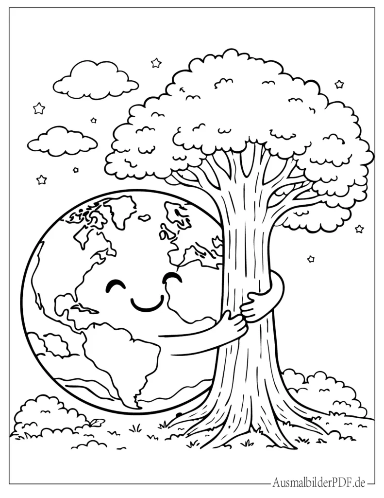 Süßes Cartoon Ausmalbild der Erde, die einen großen Baum umarmt, naturfreundliches Motiv zum Ausmalen für Kinder