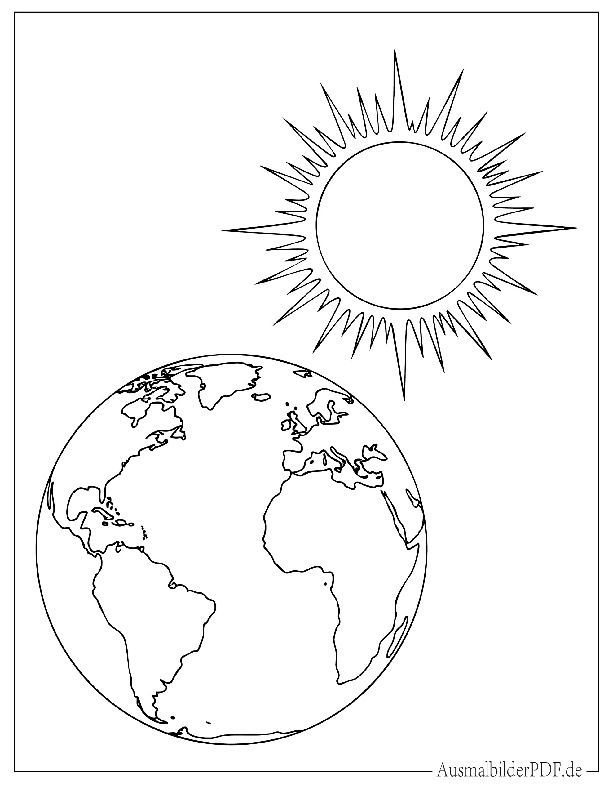 Erde und Sonne im Weltraum Ausmalbild für Kinder