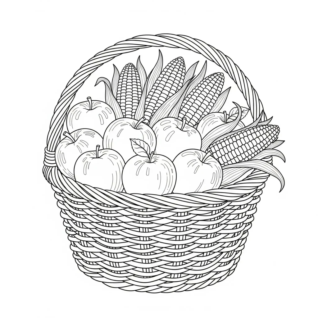 20+ Herbst Ausmalbilder (Kostenlos Malvorlage zum Ausdrucken) Ein großer Korb ist gefüllt mit Äpfeln und Mais, umgeben von herbstlichen Blättern. Kinder können Früchte, Korb und Blätter farbenfroh gestalten.