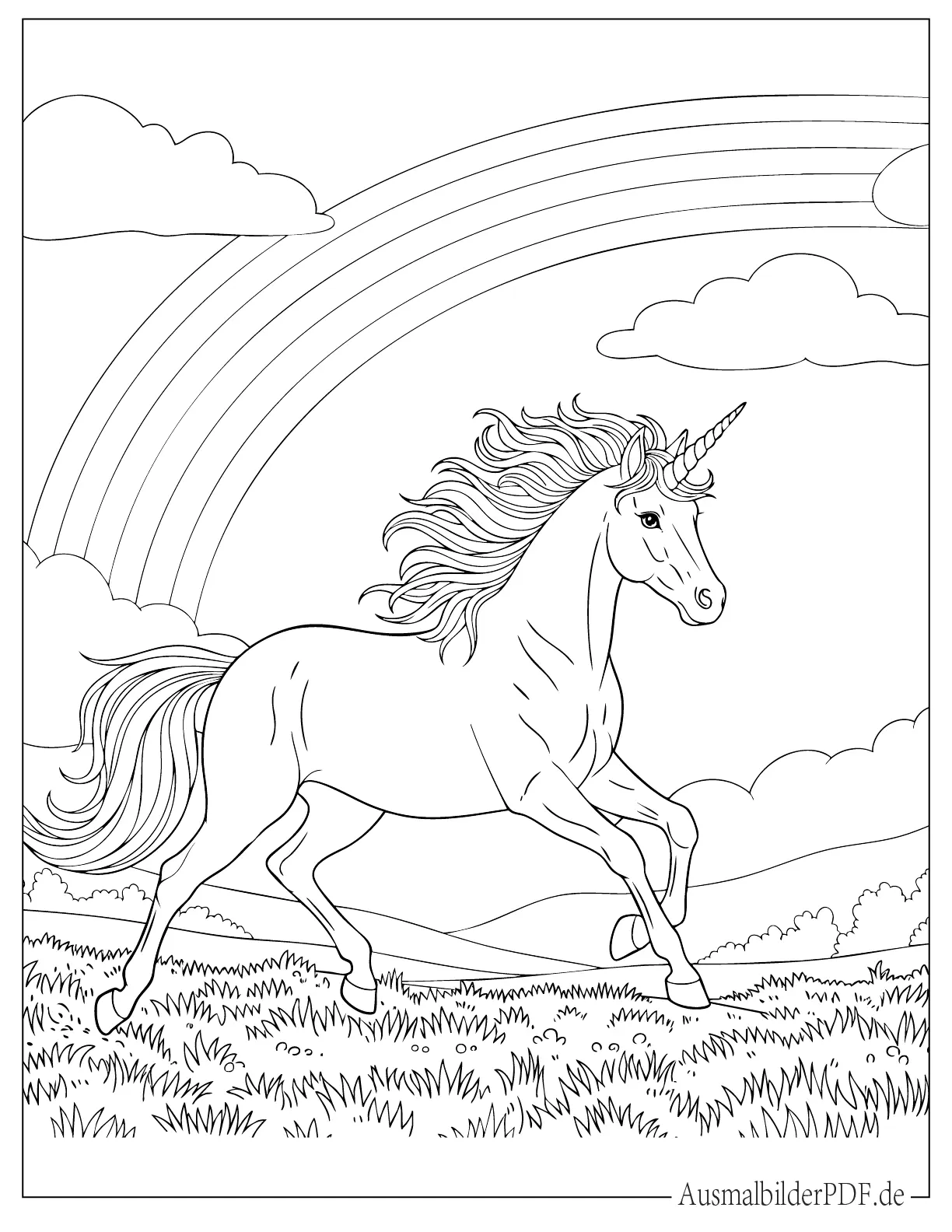 20 Regenbogen Ausmalbilder (Gratis Malvorlagen zum drucken) Erwachsenes Einhorn läuft unter Regenbogen Ausmalbild