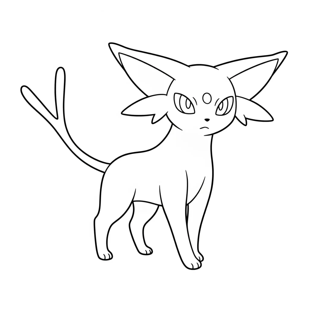 espeon evoli ausmalbild zeigt das psychopokemon in elegantem pose bei sonnenschein als ruhige malvorlage zum ausdrucken für kinder