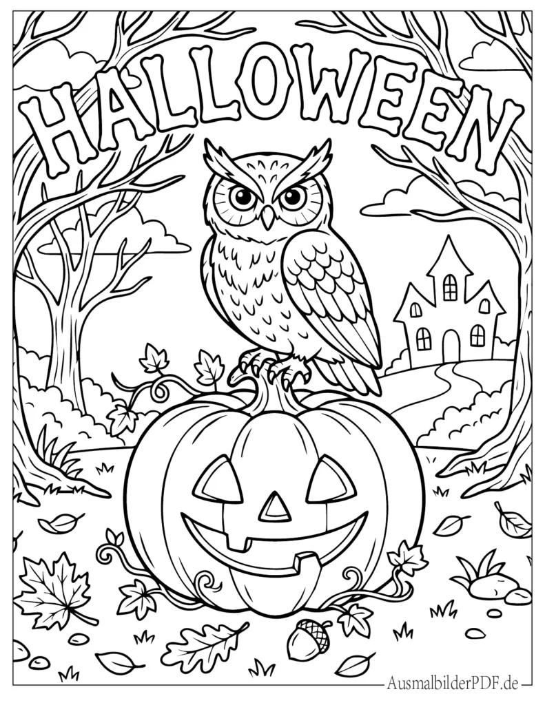 Eule sitzt auf einem Kürbis mit Halloween Schrift im Hintergrund, als Malvorlage für Kinder zum Ausdrucken und Ausmalen