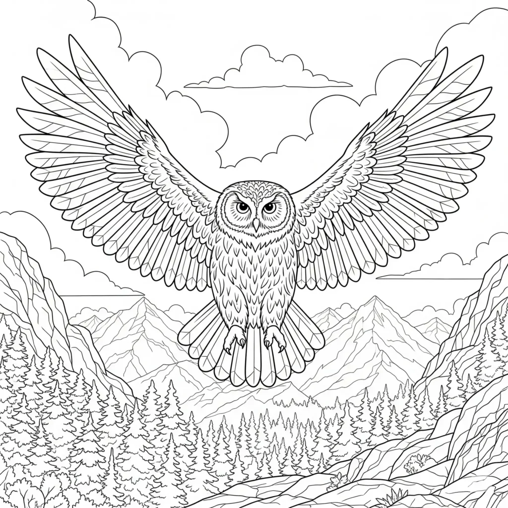 Eule fliegt über einen Wald als Ausmalbild zum Ausdrucken für Kinder im PDF-Format