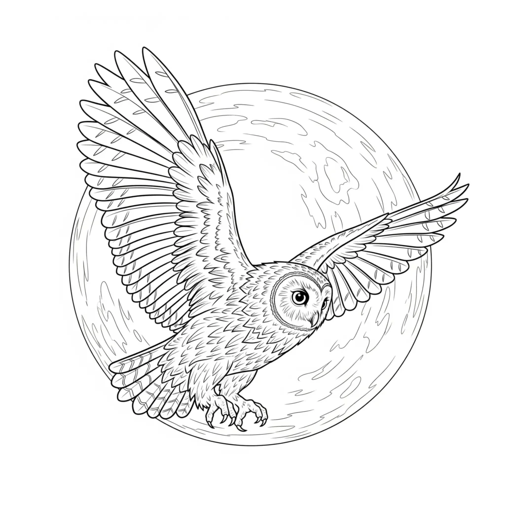Eule sitzt neben dem Mond als Ausmalbild für Kinder zum Ausdrucken im PDF-Format
