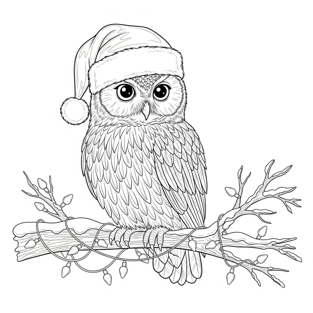 Eule trägt eine Weihnachtsmütze als Ausmalbild für Kinder zum Ausdrucken im PDF-Format
