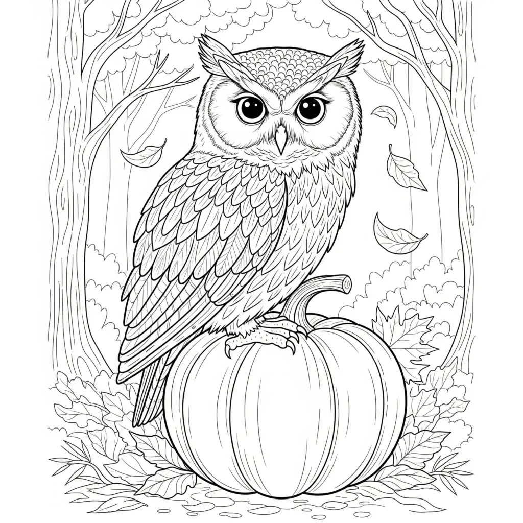 20+ Herbst Ausmalbilder (Kostenlos Malvorlage zum Ausdrucken) Eine weise Eule sitzt auf einem großen Kürbis, umgeben von fallenden Herbstblättern. Kinder können die Eule, den Kürbis und die Blätter bunt gestalten.