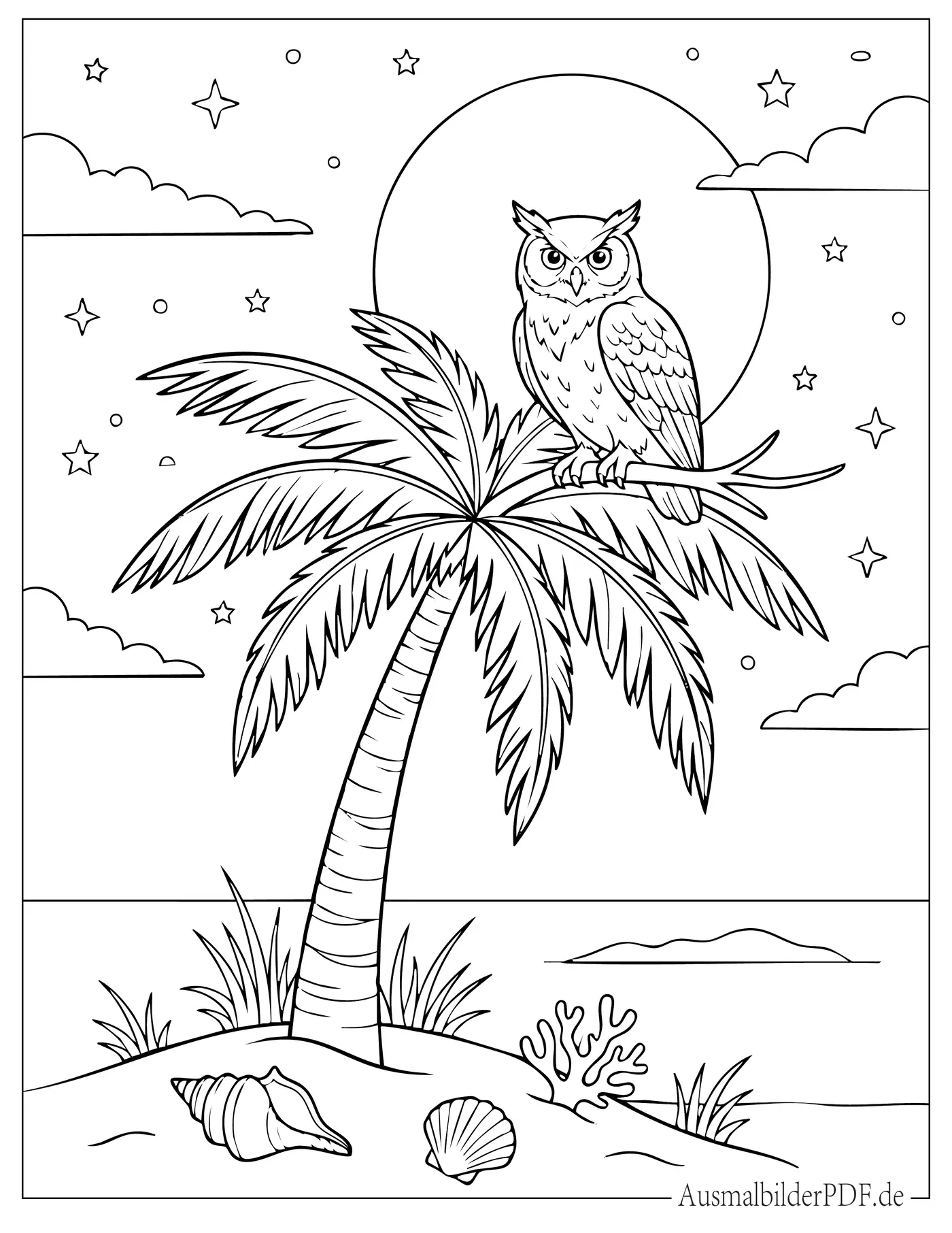 Eule sitzt auf einer Palme mit Vollmond im Hintergrund Ausmalbild