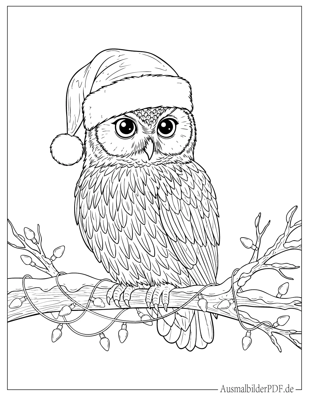 Eule trägt Weihnachtsmütze sitzt auf dekoriertem Ast Ausmalbild
