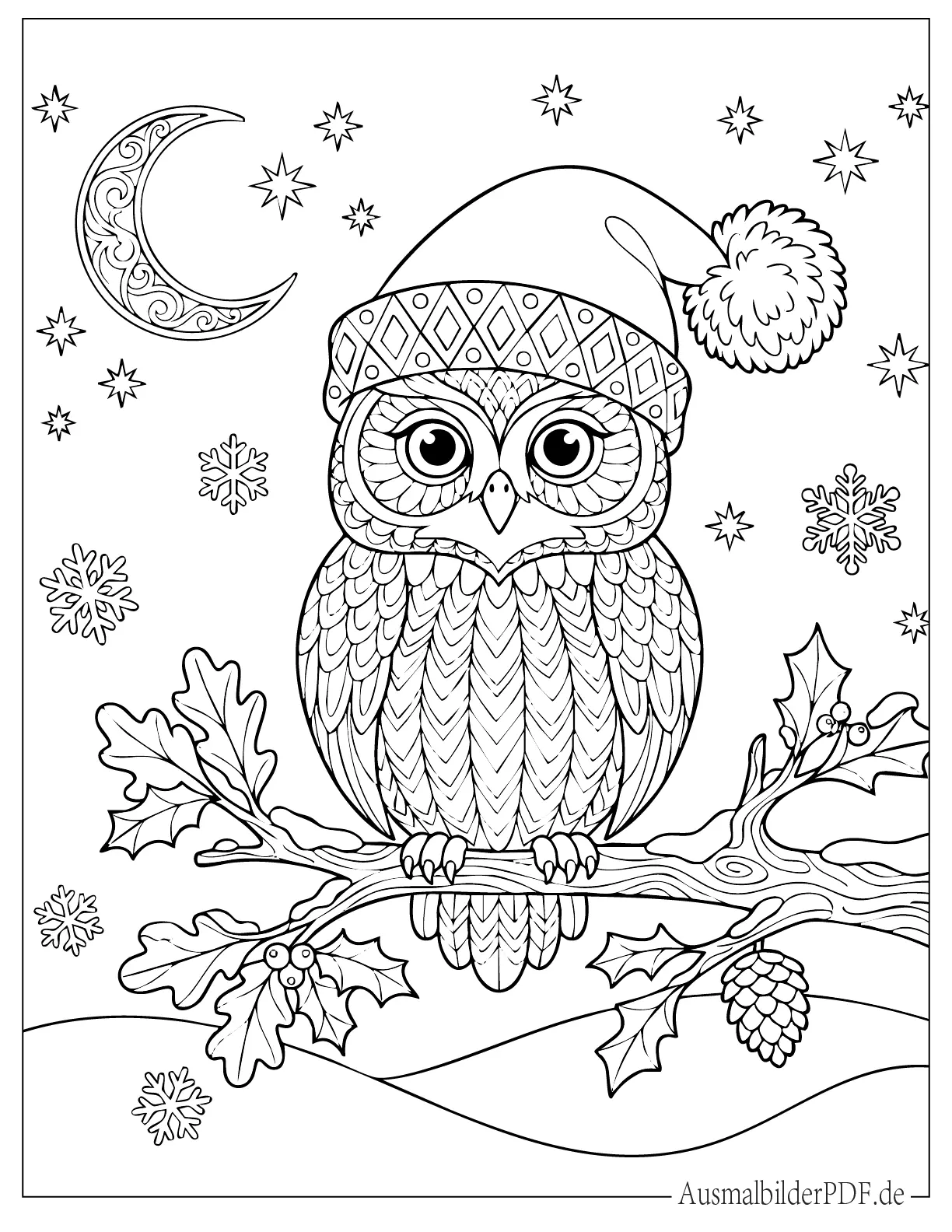 Detaillierte Eule trägt Weihnachtsmütze im Schnee Ausmalbild