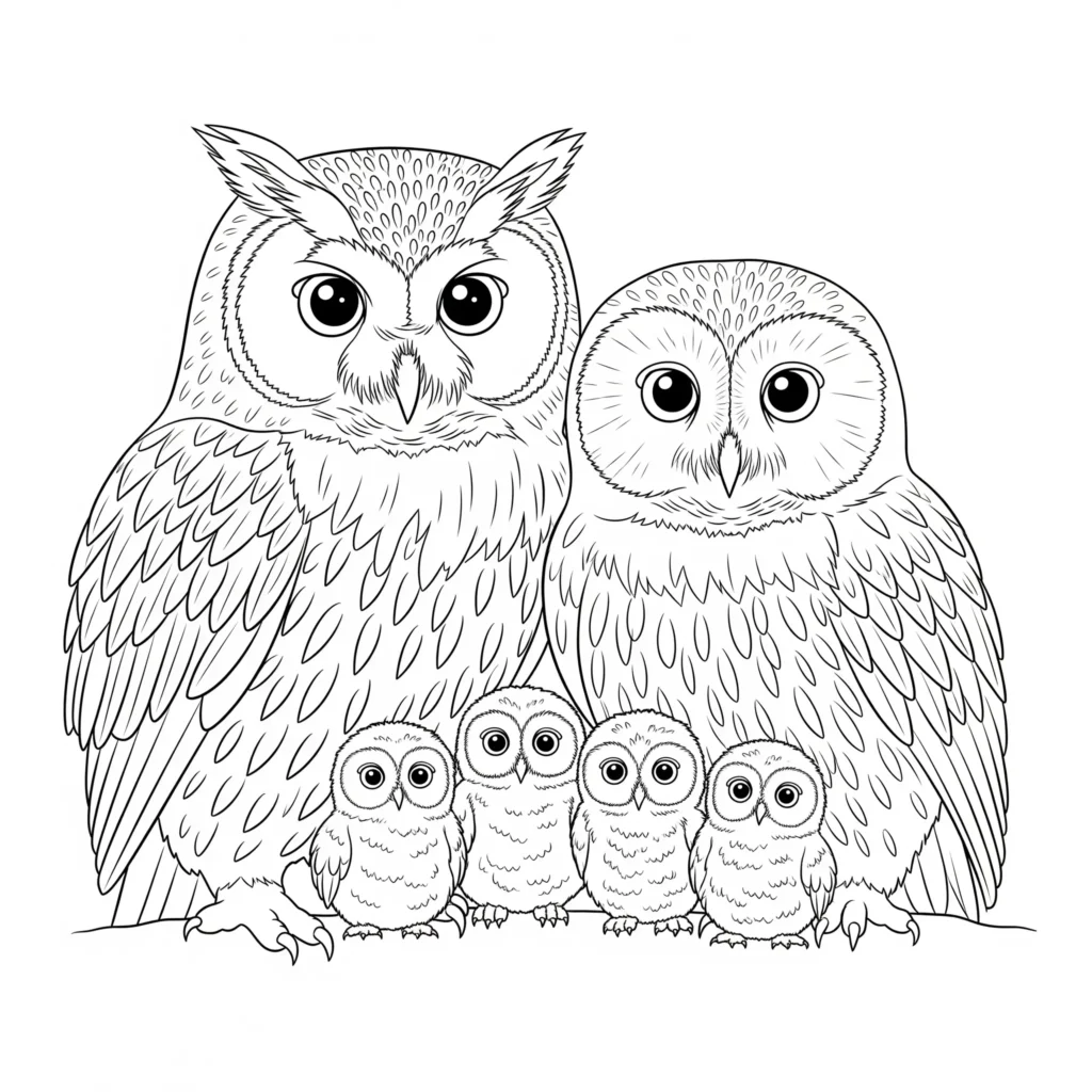 Ausmalbild der Eulenfamilie im PDF-Format. Jetzt kostenlos herunterladen und für Kinder ausdrucken.