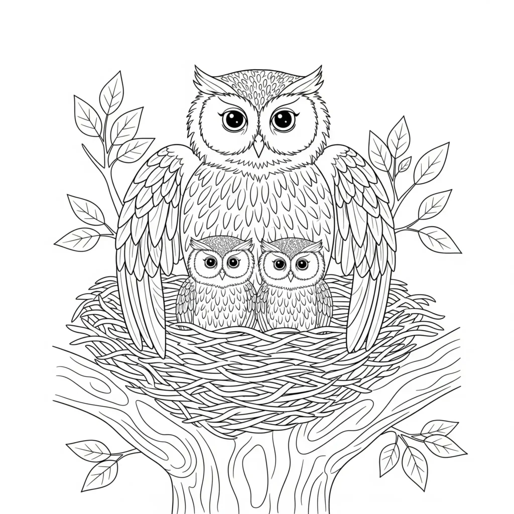 Eulenfamilie sitzt zusammen in einem Nest als Ausmalbild für Kinder zum Ausdrucken im PDF-Format