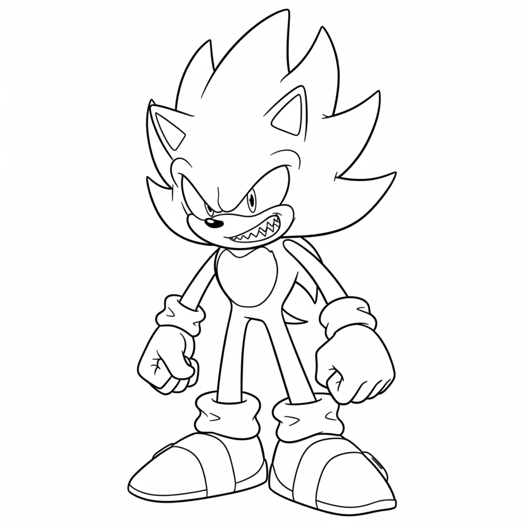 Evil Super Sonic Ausmalbild mit scharfen Zähnen als PDF Vorlage zum Ausdrucken für Kinder