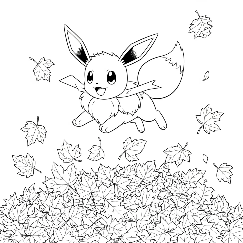 fröhliches evoli ausmalbild beim spielen in bunten herbstblättern – ideal zum ausdrucken für alle altersgruppen