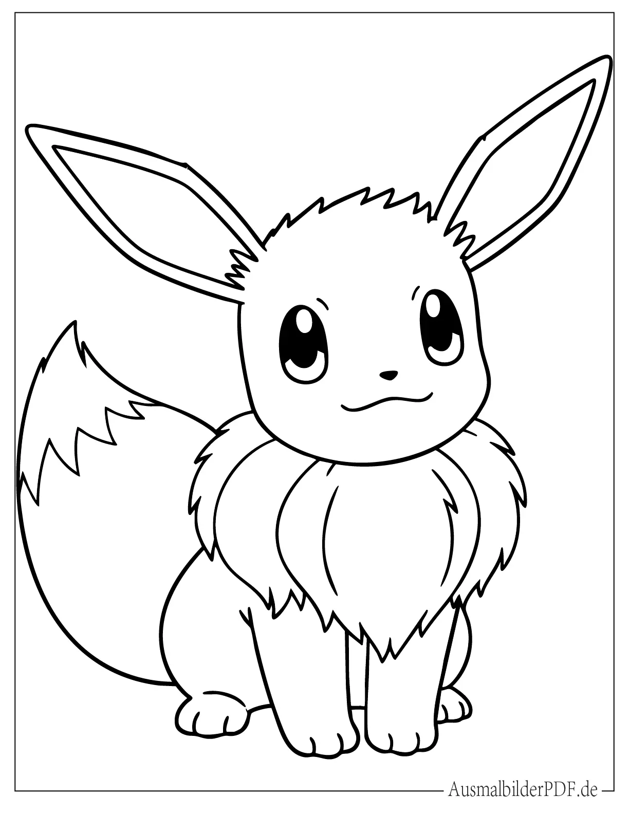 Liebevoll gestaltete Malvorlage von einem sitzenden Evoli aus Pokémon, ideal für Kinder zum Ausdrucken und Ausmalen.