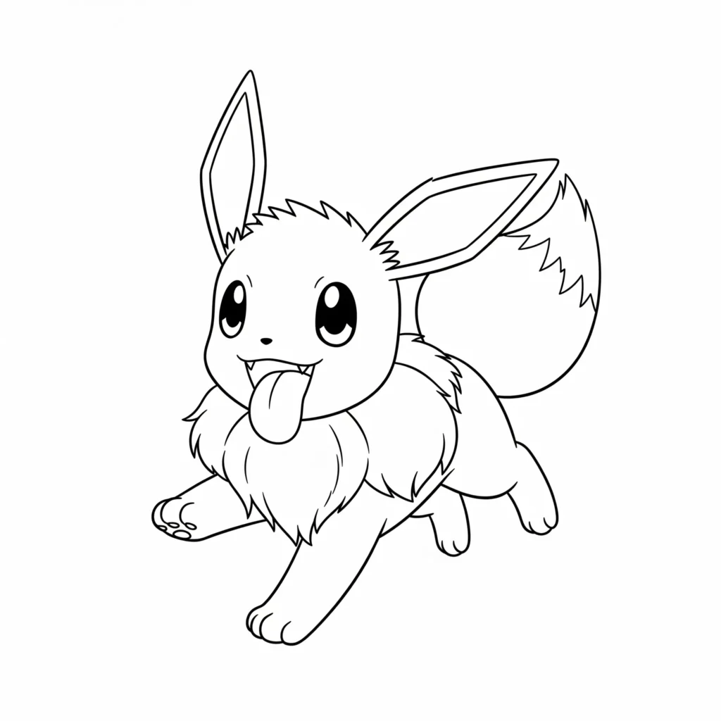 pokemon evoli ausmalbild zum ausdrucken zeigt das fröhlich rennende pokemon als malvorlage für kinder und fans
