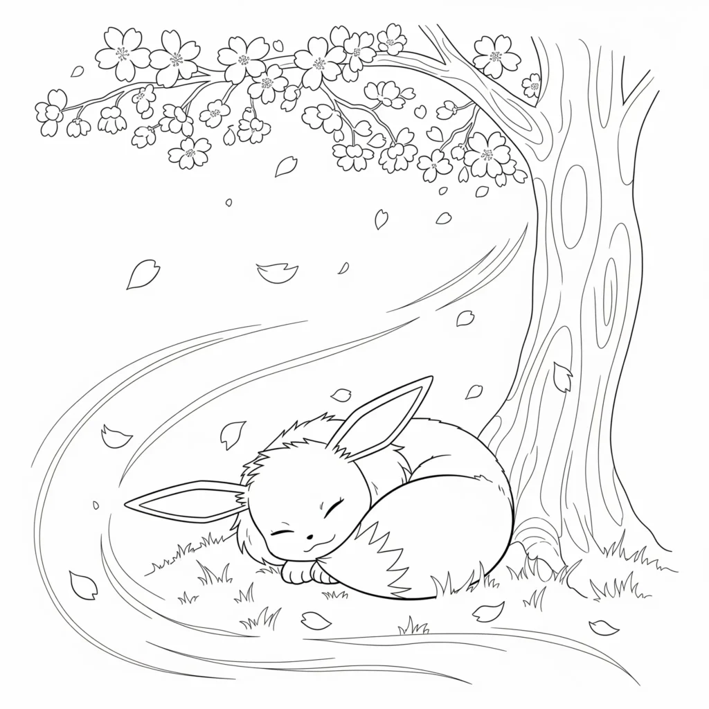 pokemon evoli ausmalbild zum ausdrucken mit dem schlafenden pokemon unter einem großen baum als ruhige malvorlage für kinder