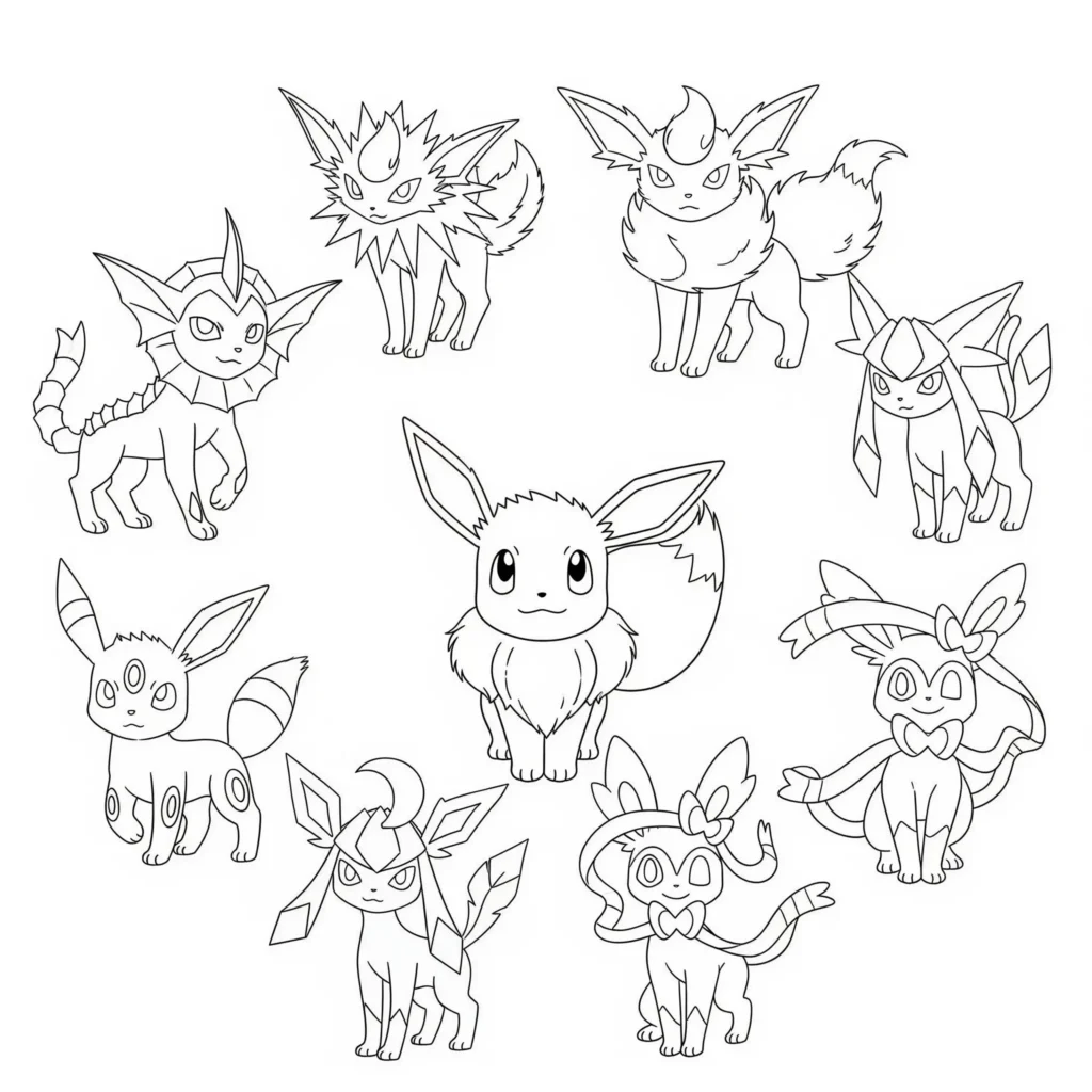 in dieser evoli malvorlage kostenlos sind alle entwicklungen des pokemons abgebildet – perfekt zum ausmalen für große pokemon-fans