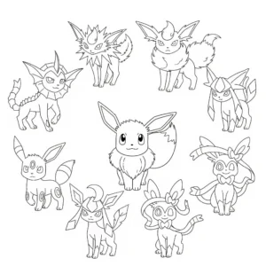 in dieser evoli malvorlage kostenlos sind alle entwicklungen des pokemons abgebildet – perfekt zum ausmalen für große pokemon-fans