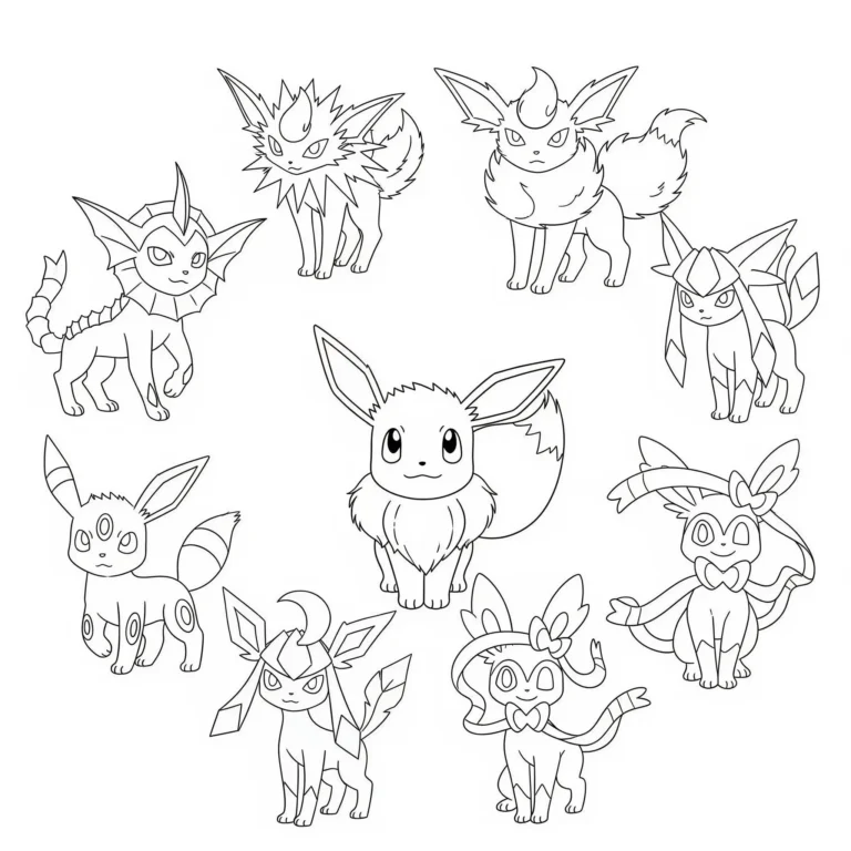 in dieser evoli malvorlage kostenlos sind alle entwicklungen des pokemons abgebildet – perfekt zum ausmalen für große pokemon-fans