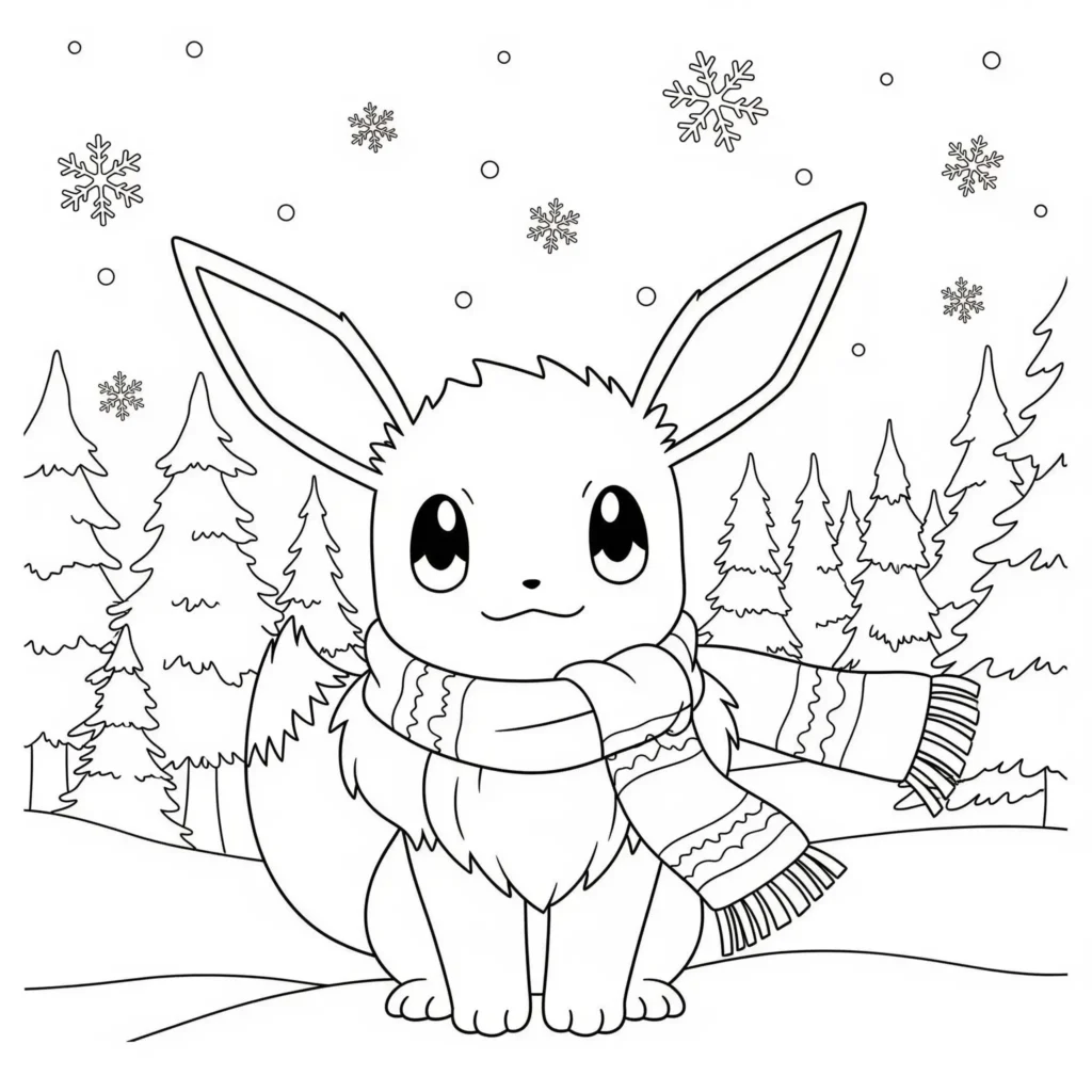diese evoli malvorlage zeigt das pokemon im wintermantel mit mütze und schal – perfekt für fans von evoli ausmalbilder kostenlos