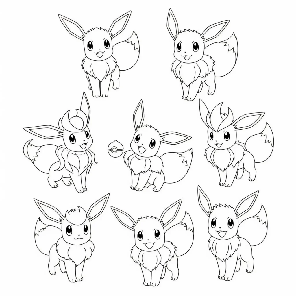 evoli ausmalbilder zum ausdrucken mit mehreren pokemon in verschiedenen posen als kostenlose malvorlage für kinder und erwachsene
