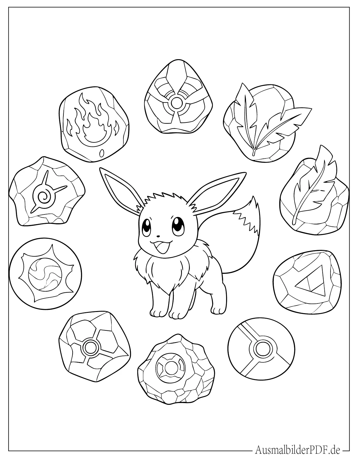 Pokémon Evoli umgeben von Evolutionssteinen Ausmalbild