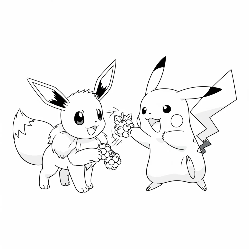 diese evoli malvorlage kostenlos zeigt evoli gemeinsam mit pikachu – perfekt als freundliches motiv für kinder zum ausmalen
