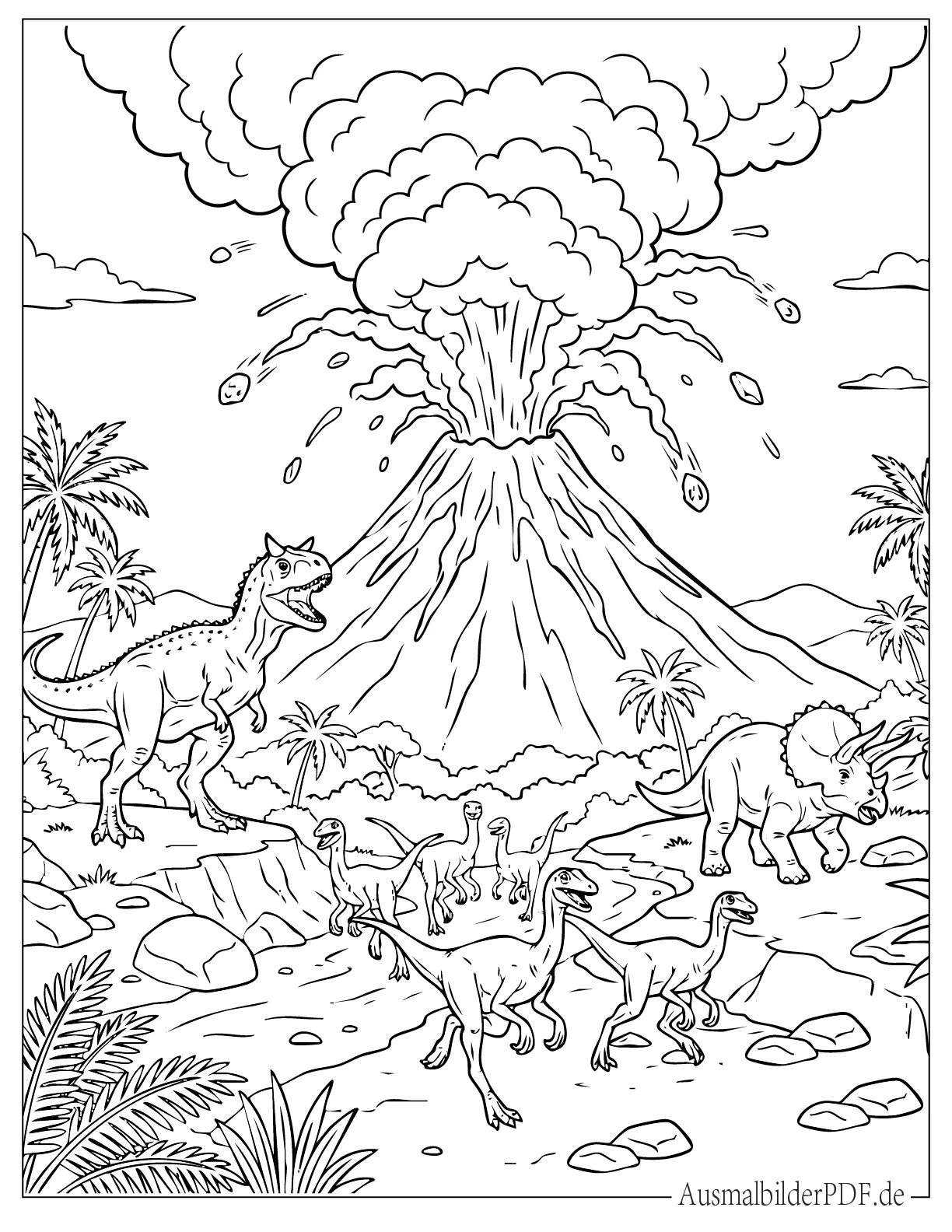 Explodierender Vulkan und Dinosaurier Malvorlage