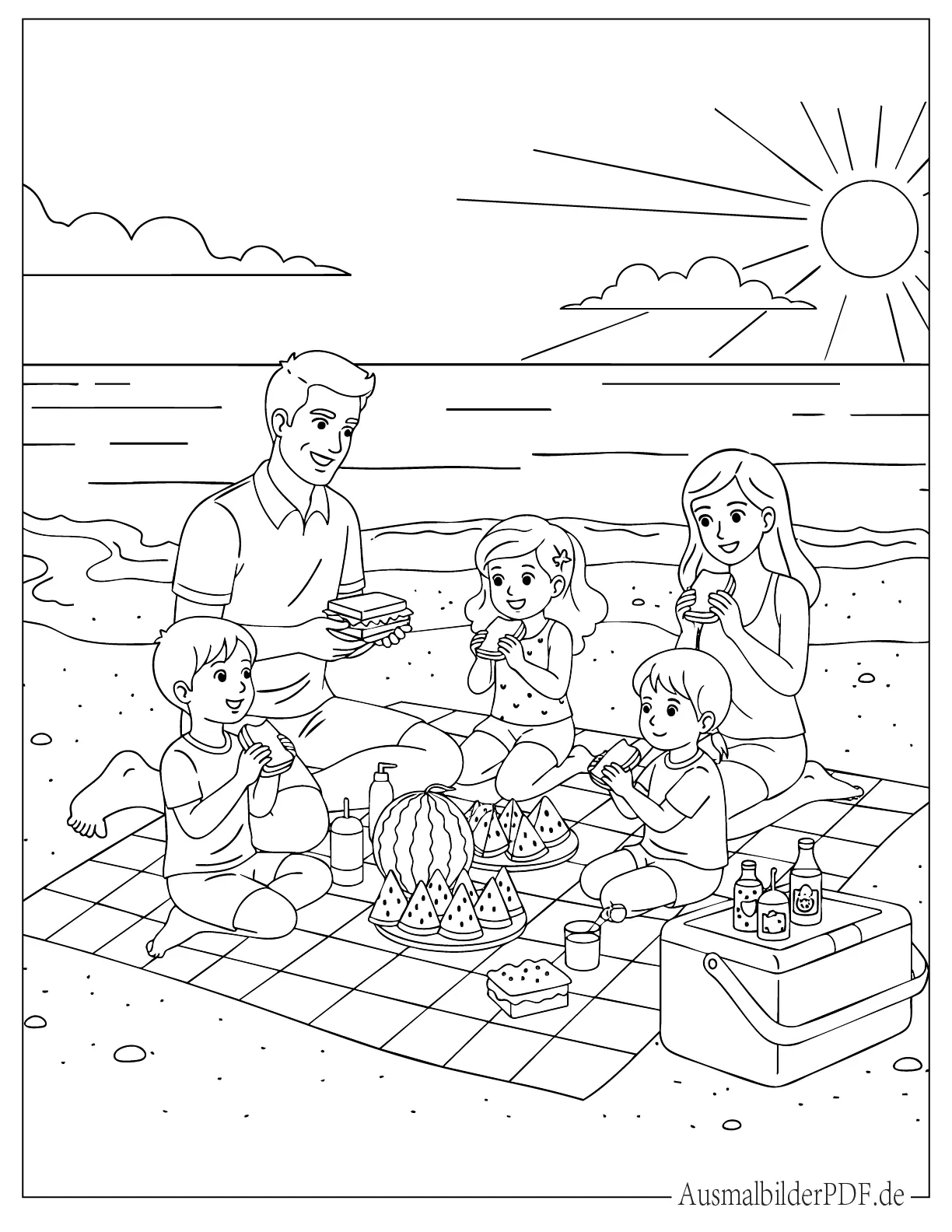 16 Strand Ausmalbilder (Gratis Malvorlagen zum Ausdrucken) Familie Picknick am Strand druckbares Ausmalbild