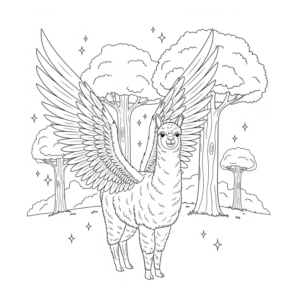12 Alpaka Ausmalbilder (Kostenlos Malvorlage zum Ausdrucken) Märchenalpaka mit Flügeln, fliegend über einer Wiese, als Malvorlage für Kinder zum Ausdrucken