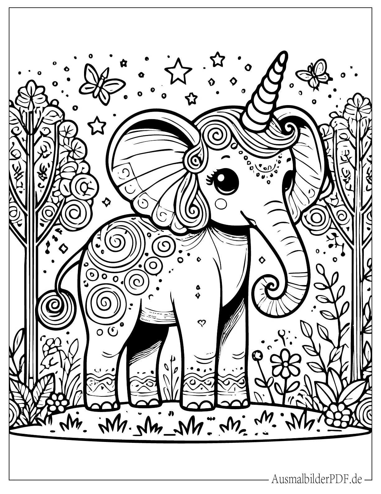 Detailliertes Fantasie Elefant Einhorn Ausmalblatt