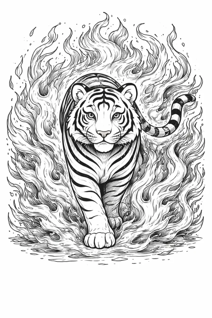 10+ Tiger Ausmalbilder (Gratis Malvorlage PDF zum drucken) Magisches Fantasie Feuer Tiger Ausmalbild zum Ausdrucken kostenlos zeigt einen Tiger umgeben von Flammenmustern für Kinder und Erwachsene