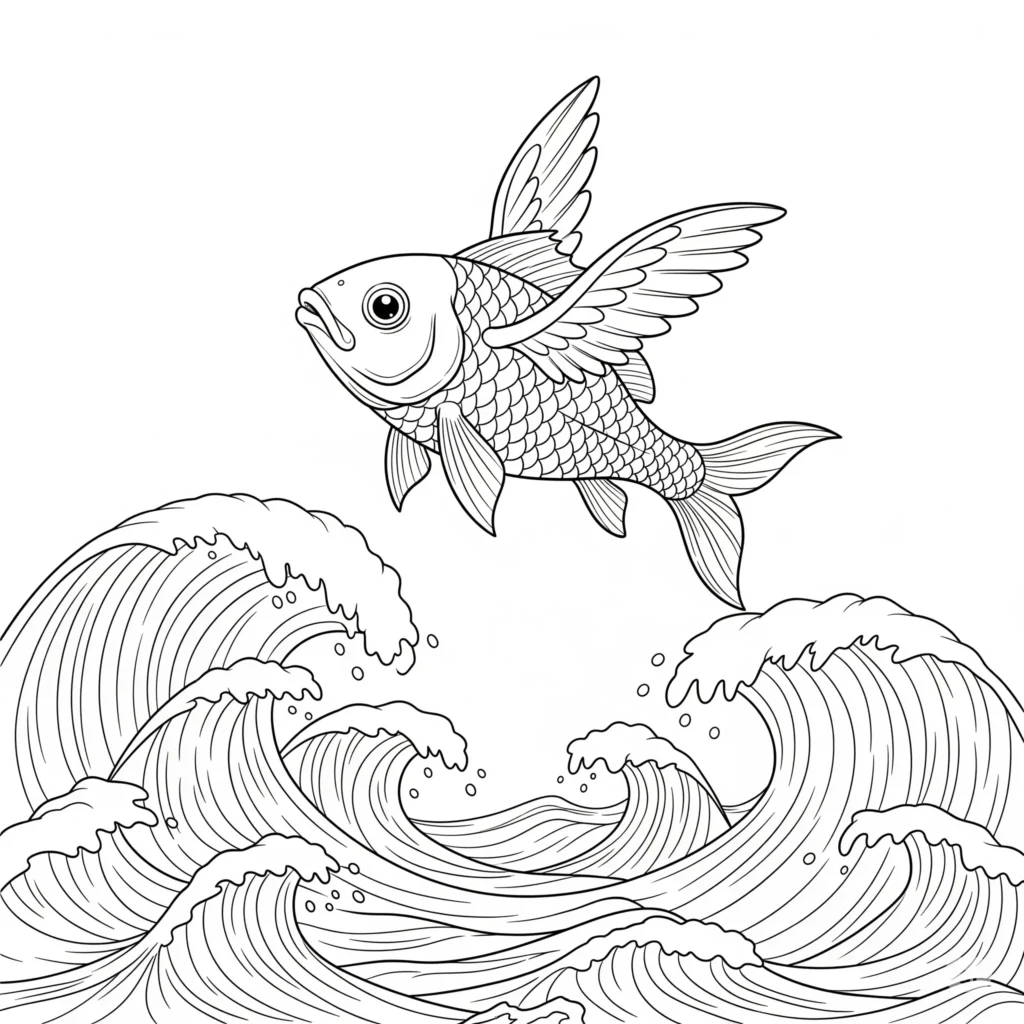 Ausmalbild eines fantasievollen fliegenden Fisches über Wasser. Kostenloses PDF zum Ausdrucken und Ausmalen für Kinder.