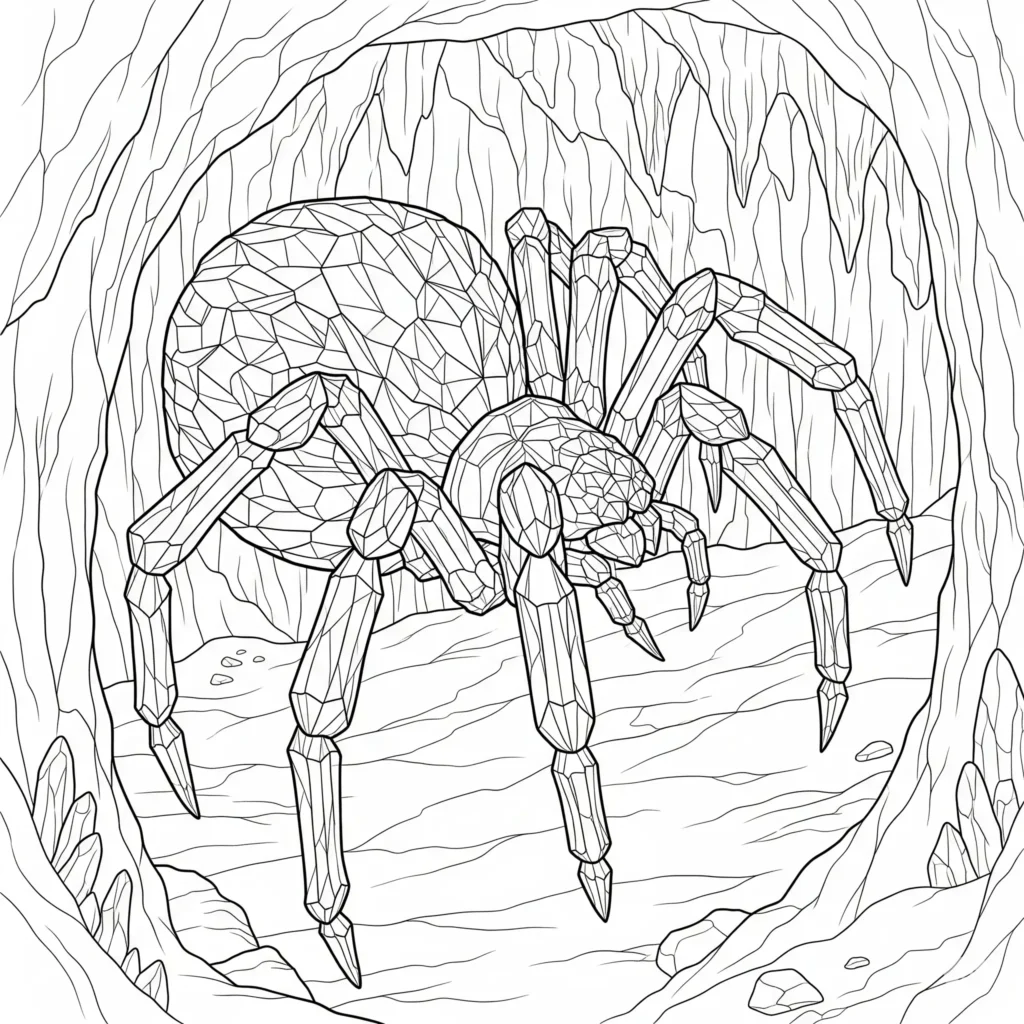 Fantasie Kristall Spinne Ausmalbild mit funkelnden Mustern zum Ausdrucken für Kinder und Erwachsene
