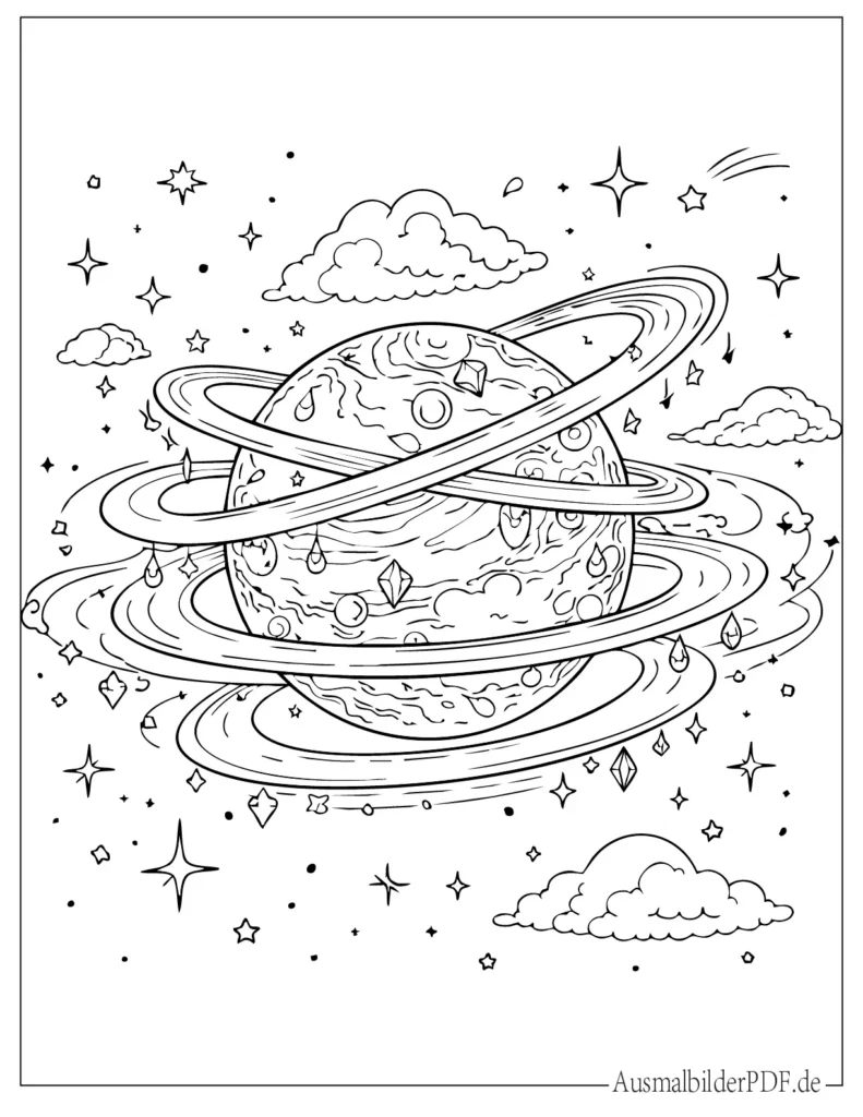 Malvorlage eines magischen Planeten mit mehreren schwebenden Ringen, ideal für Kinder und Erwachsene