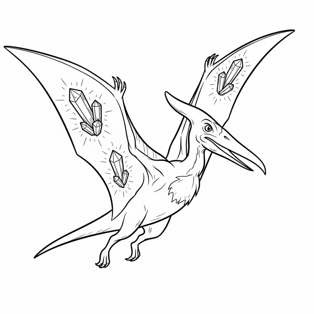 Fantasie Pteranodon Ausmalbild mit leuchtenden Kristallen zum Ausdrucken