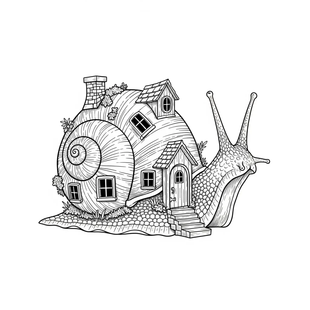 Ausmalbild einer Fantasie-Schnecke mit einem kleinen Häuschen als Schneckenhaus. Diese schnecke ausmalbilder pdf bietet Kindern ein märchenhaftes Malerlebnis zum Ausdrucken.