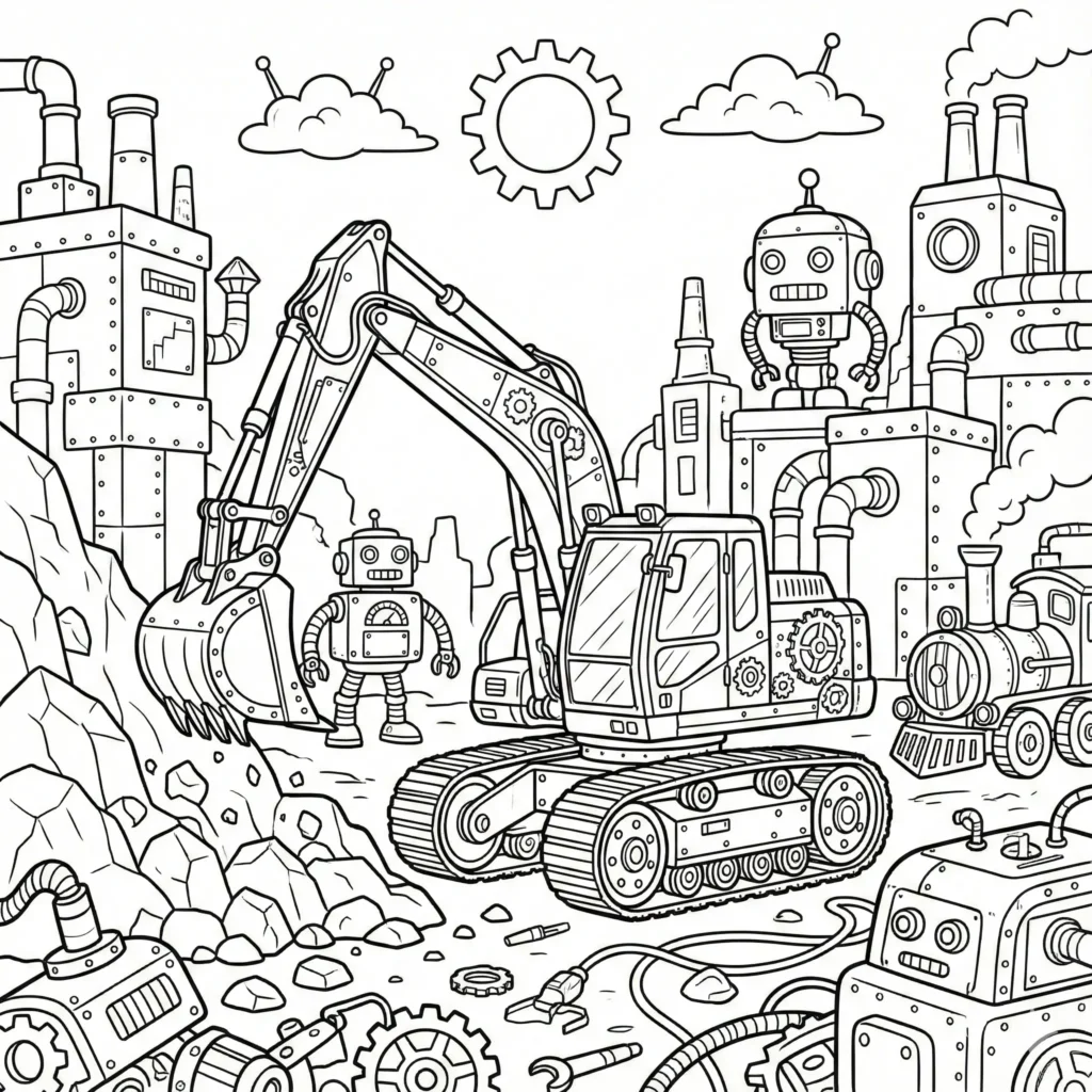 10+ Bagger Ausmalbilder (Kostenlos Malvorlage zum Ausdrucken) Ausmalbild eines Fantasy-Baggers in einer Roboterwelt zum Drucken und Ausmalen für Kinder und Erwachsene