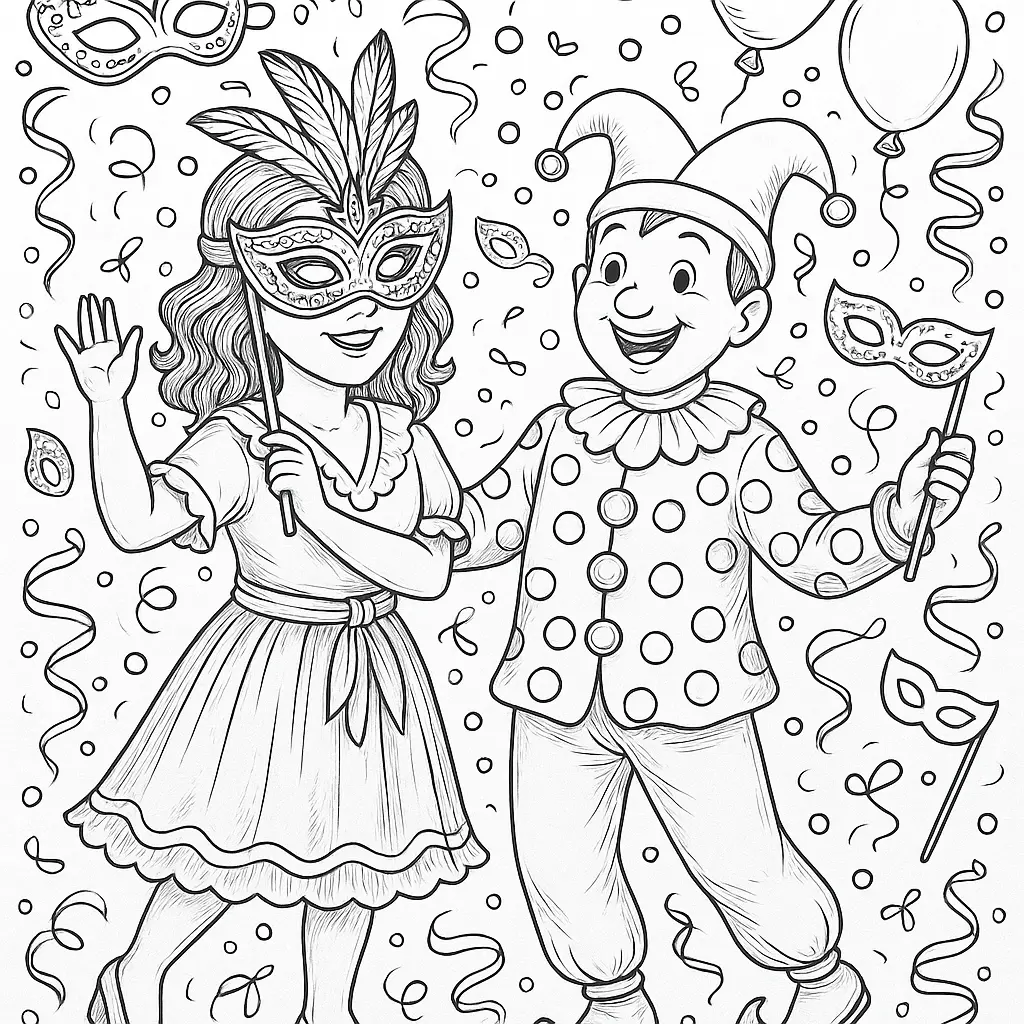 Fröhliches Fasching Ausmalbild mit Masken und Konfetti zum kostenlosen Ausdrucken