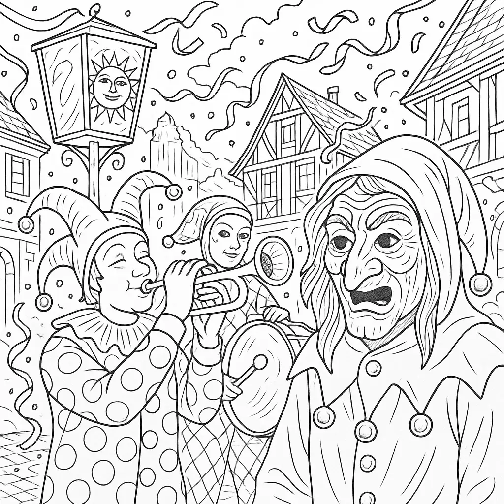 Fasnacht Malvorlage mit traditionellen Masken, Musikern und Umzugswagen in einer Altstadt-Straßenszene