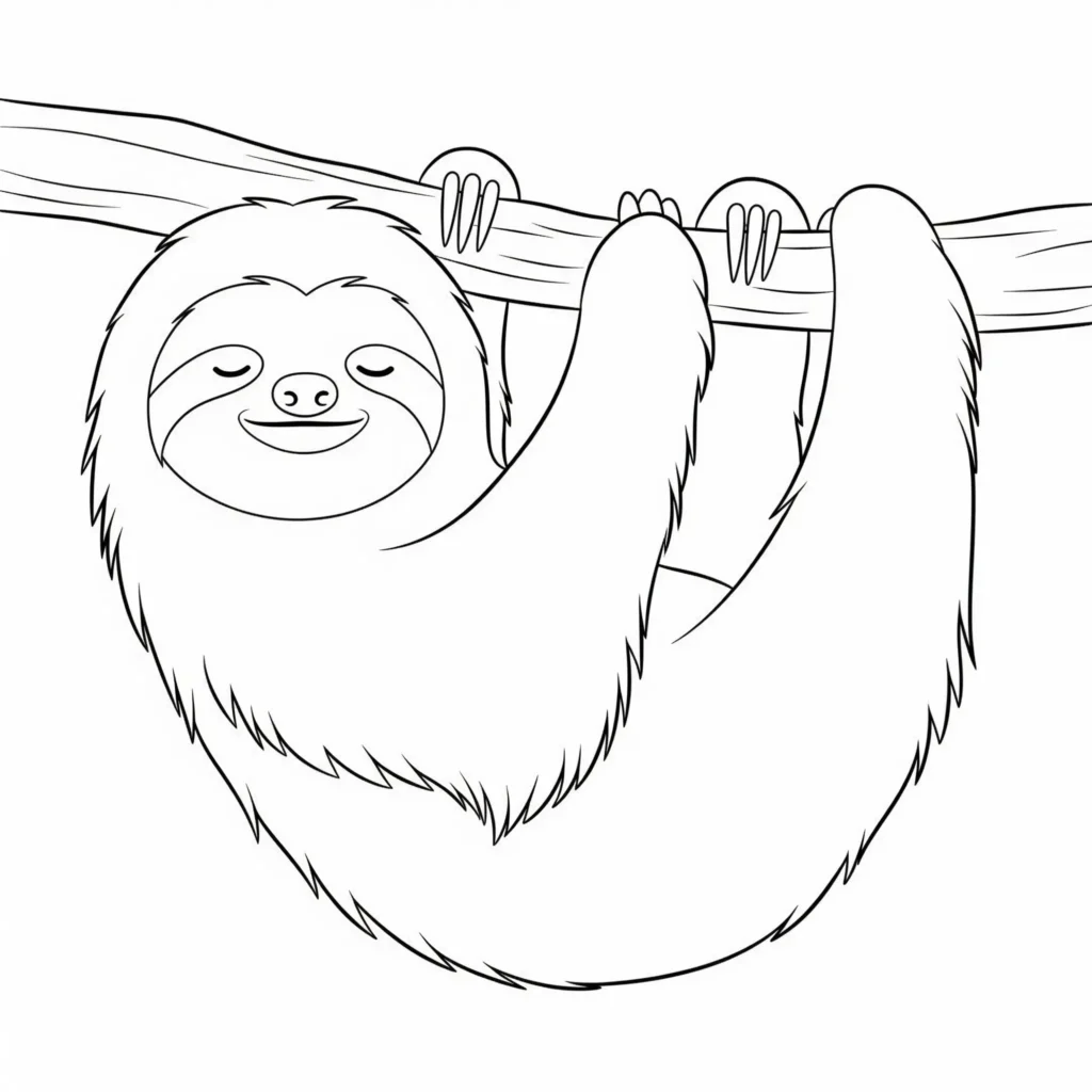 Faultier Ausmalbilder zum Ausdrucken kostenlos für Kinder. Die Malvorlage zeigt ein typisches Faultier, das sich ideal für ruhige Ausmalmomente eignet.