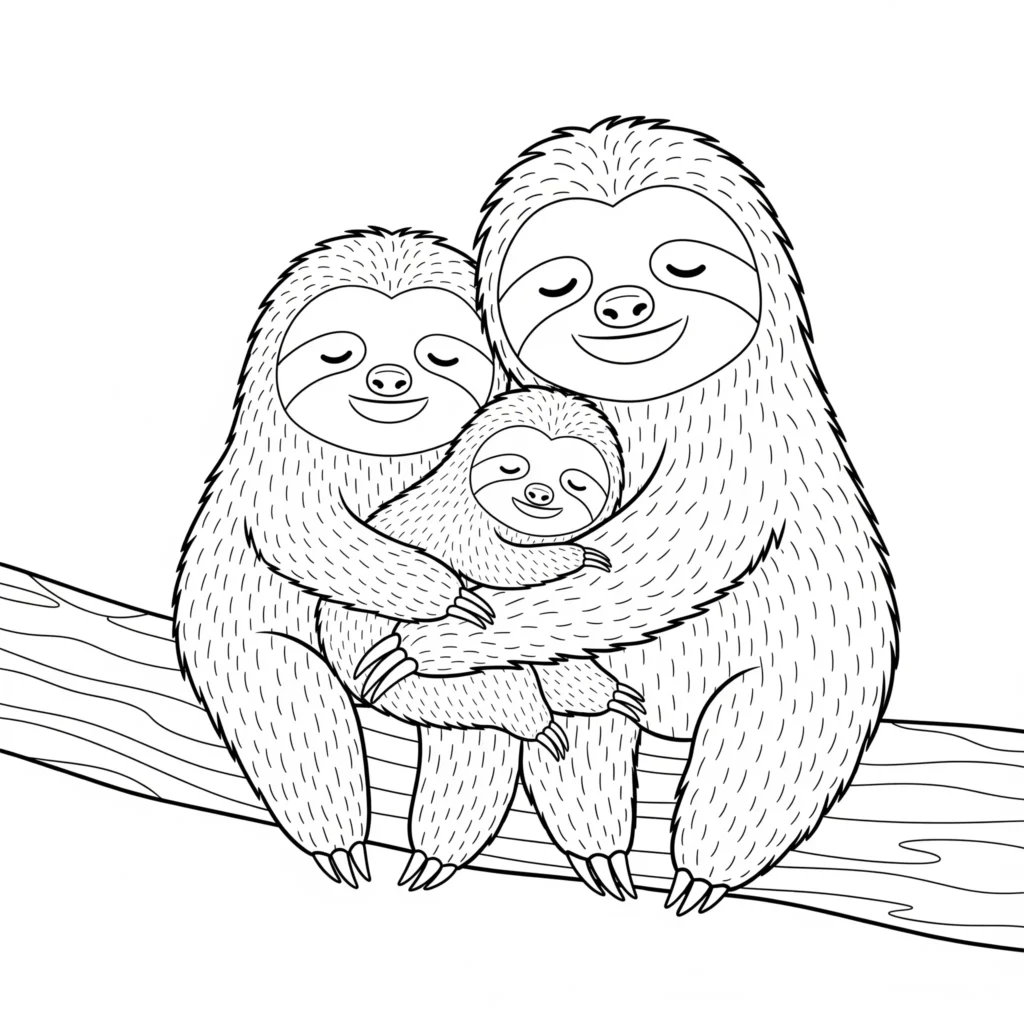 Dieses liebevoll gestaltete Faultier ausmalbild zeigt eine Familie mit Baby. Eine schöne Faultier malvorlage für Kinder zum Ausdrucken und Ausmalen.