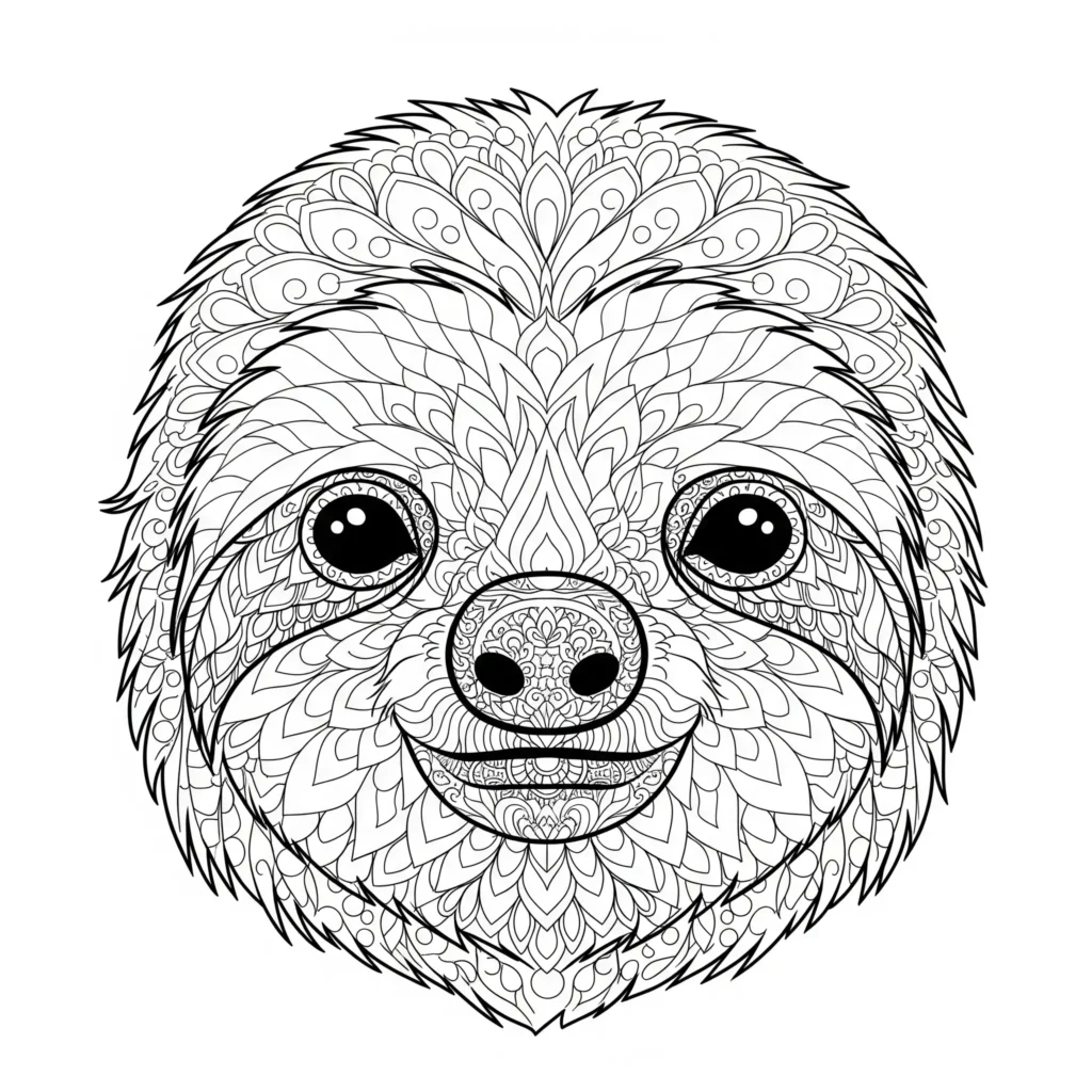 Faultier ausmalbild für erwachsene zum Ausdrucken. Ein detailliertes Mandala mit Faultier-Motiv lädt zum kreativen Ausmalen und Entspannen ein.