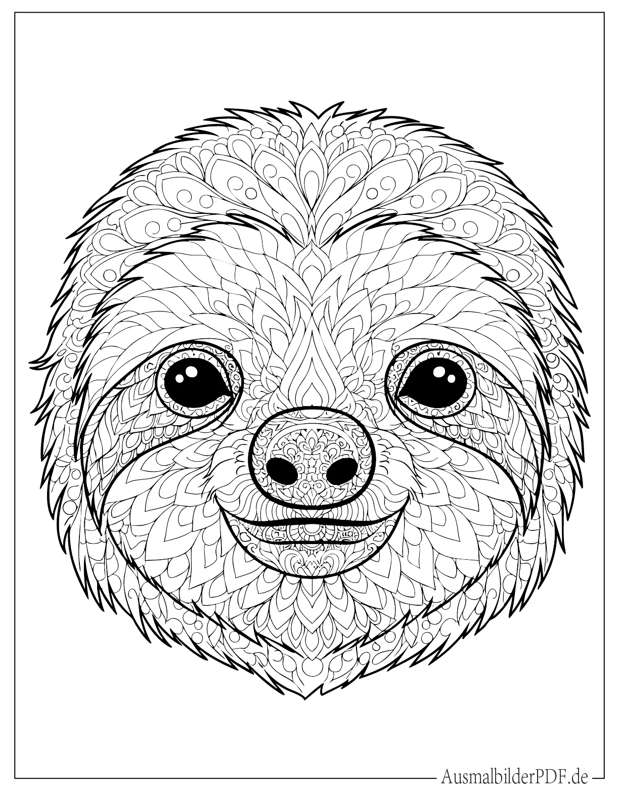 10 Faultier Ausmalbilder (Gratis Vorlagen zum Ausdrucken) Detailliertes Faultierkopf Mandala Ausmalbild für Erwachsene